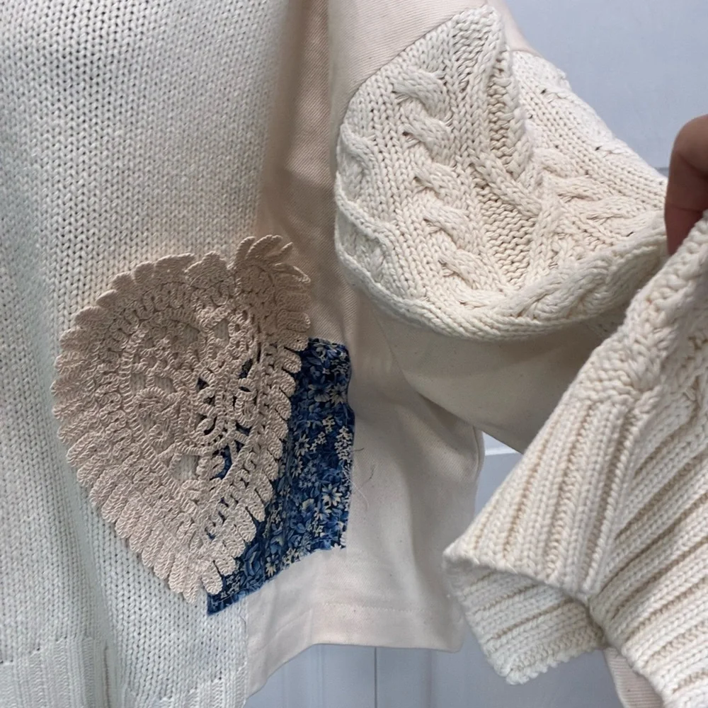 POL Cream V-Neck Sweater with Lace and Denim Accents - Picture 3 of 6